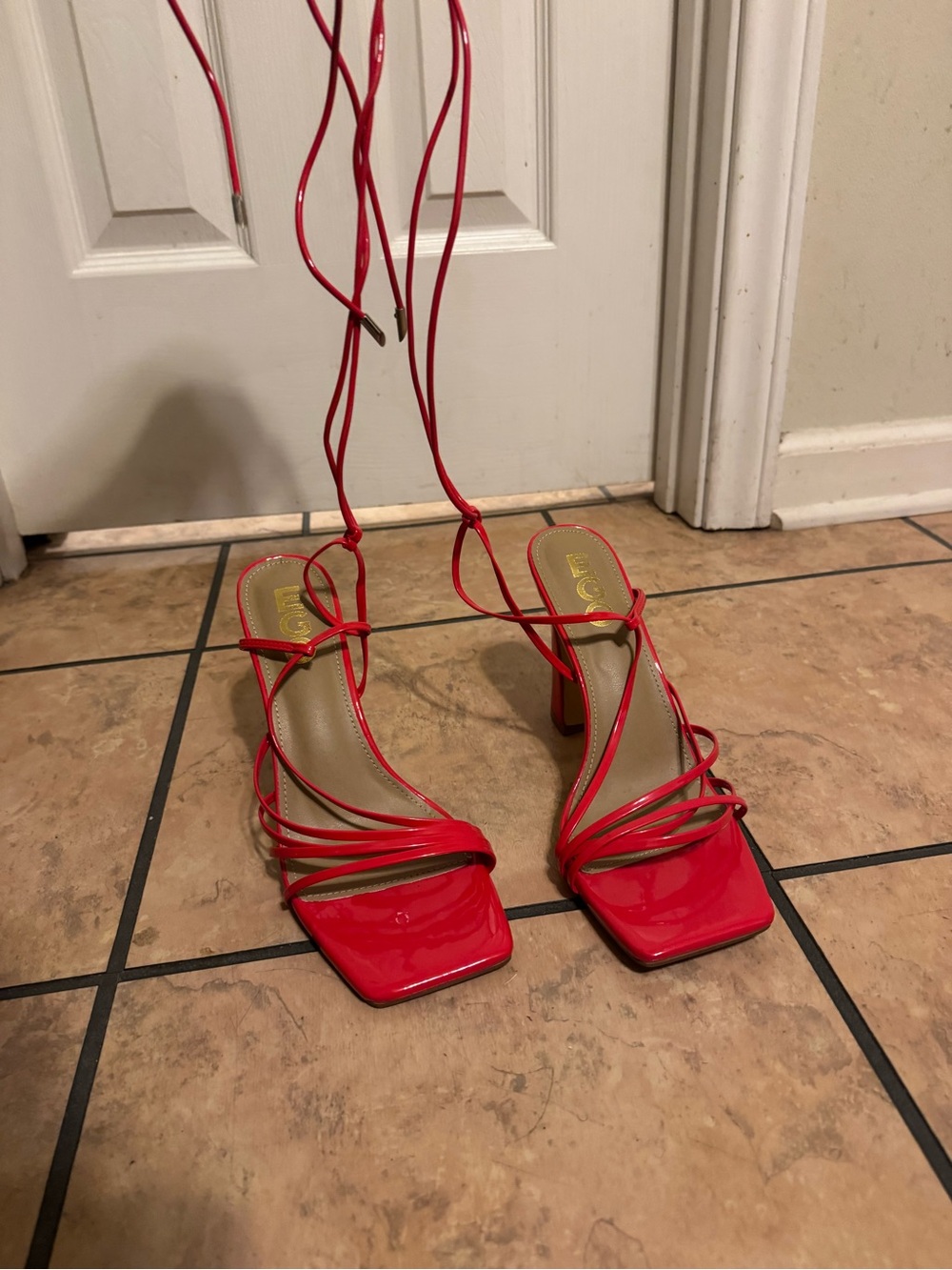 EGO Red Patent Square-Toe Lace-Up Block Heels